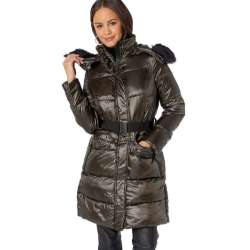 SAM EDELMAN Loden Insulated Puffer Winter Coat w/ Belt Faux Fur Trim Hood M Warm